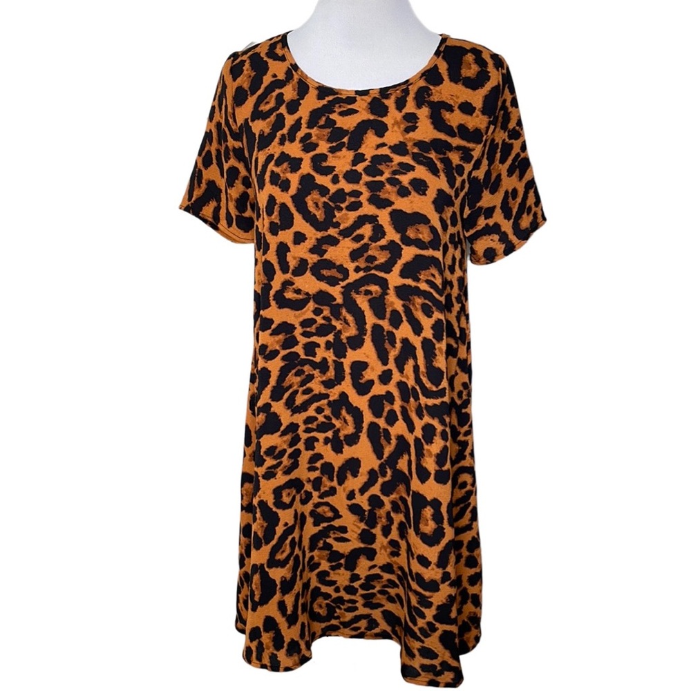 SHEIN Black and Orange Leopard Animal Print Short Sleeve Casual Shift Dress